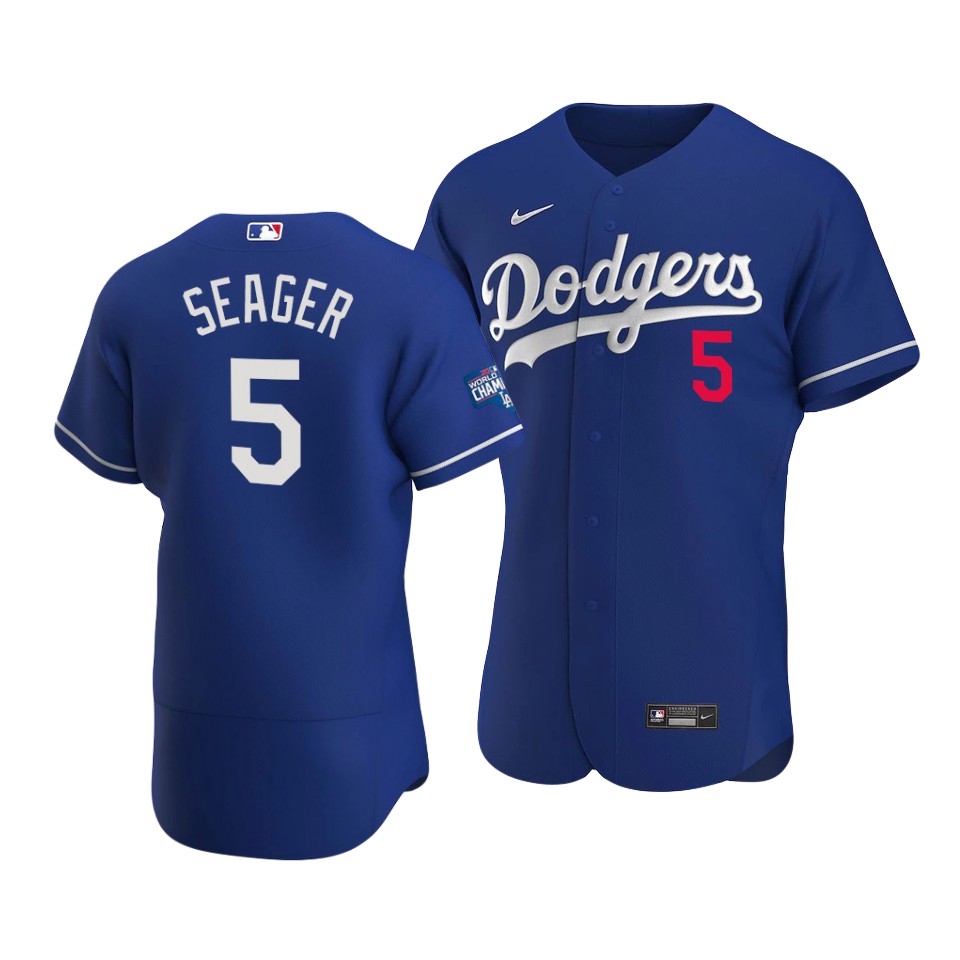 Men's Los Angeles Dodgers #5 Corey Seager Blue 2020 World Series Champions Patch Flex Base Stitched MLB Jersey